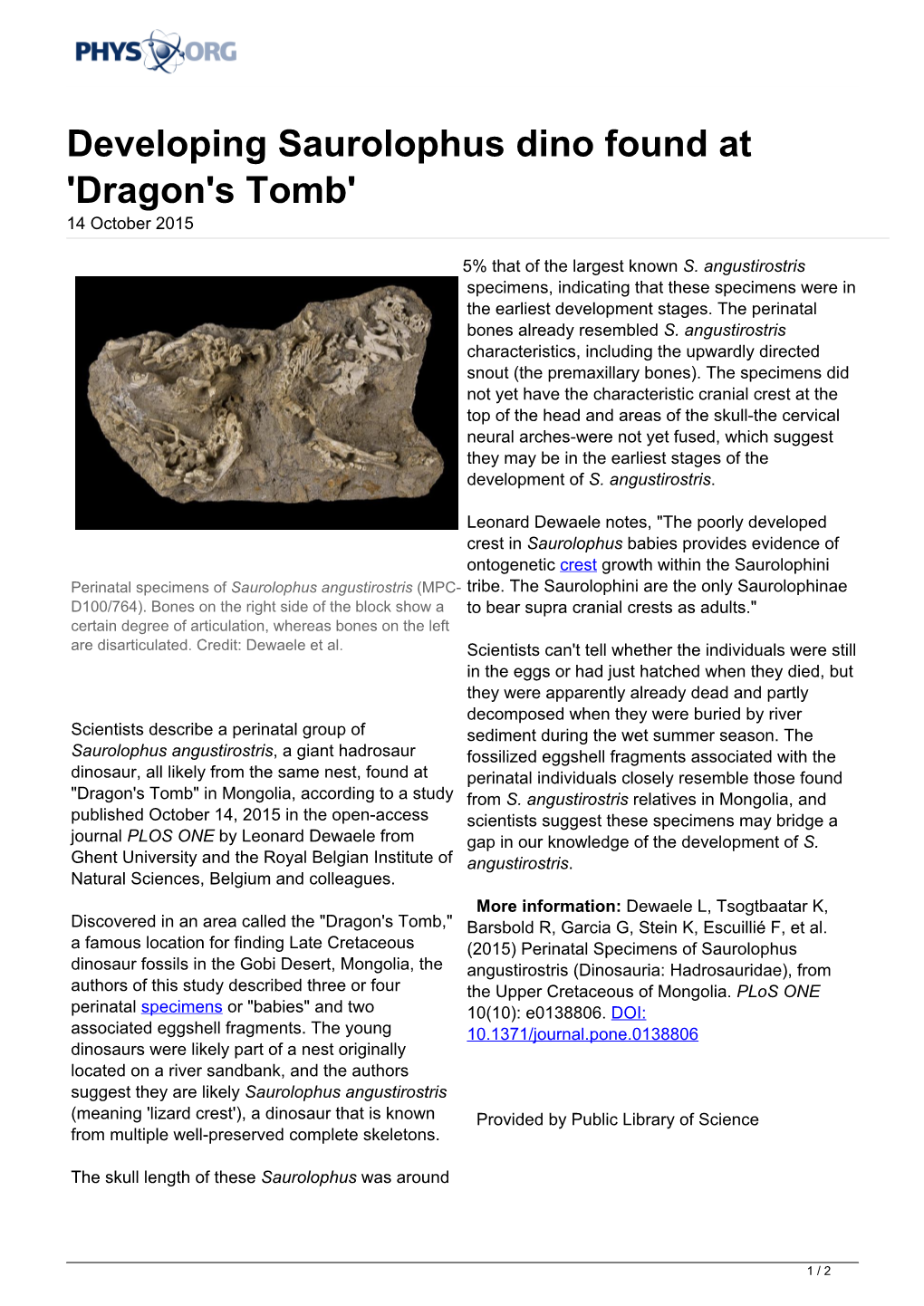 Developing Saurolophus Dino Found at 'Dragon's Tomb' 14 October 2015