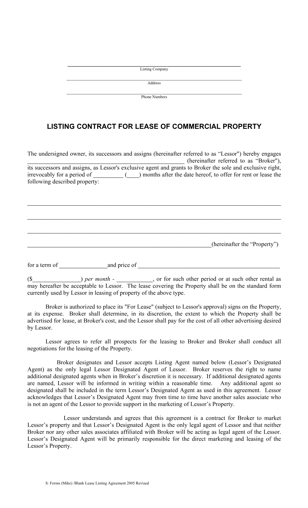 Listing Contract for Lease of Commercial Property