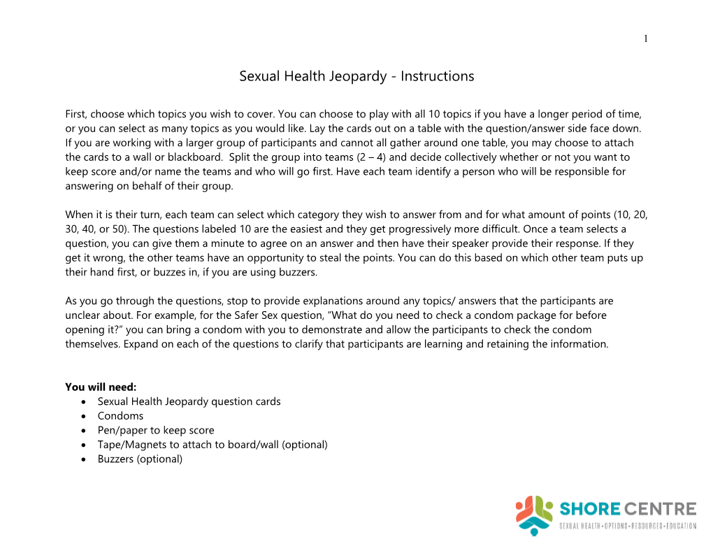 Sexual Health Jeopardy - Instructions