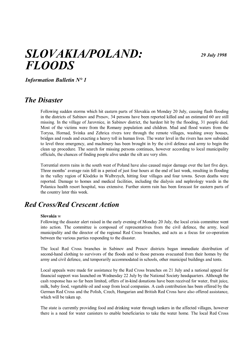 FLOODS Information Bulletin N° 1