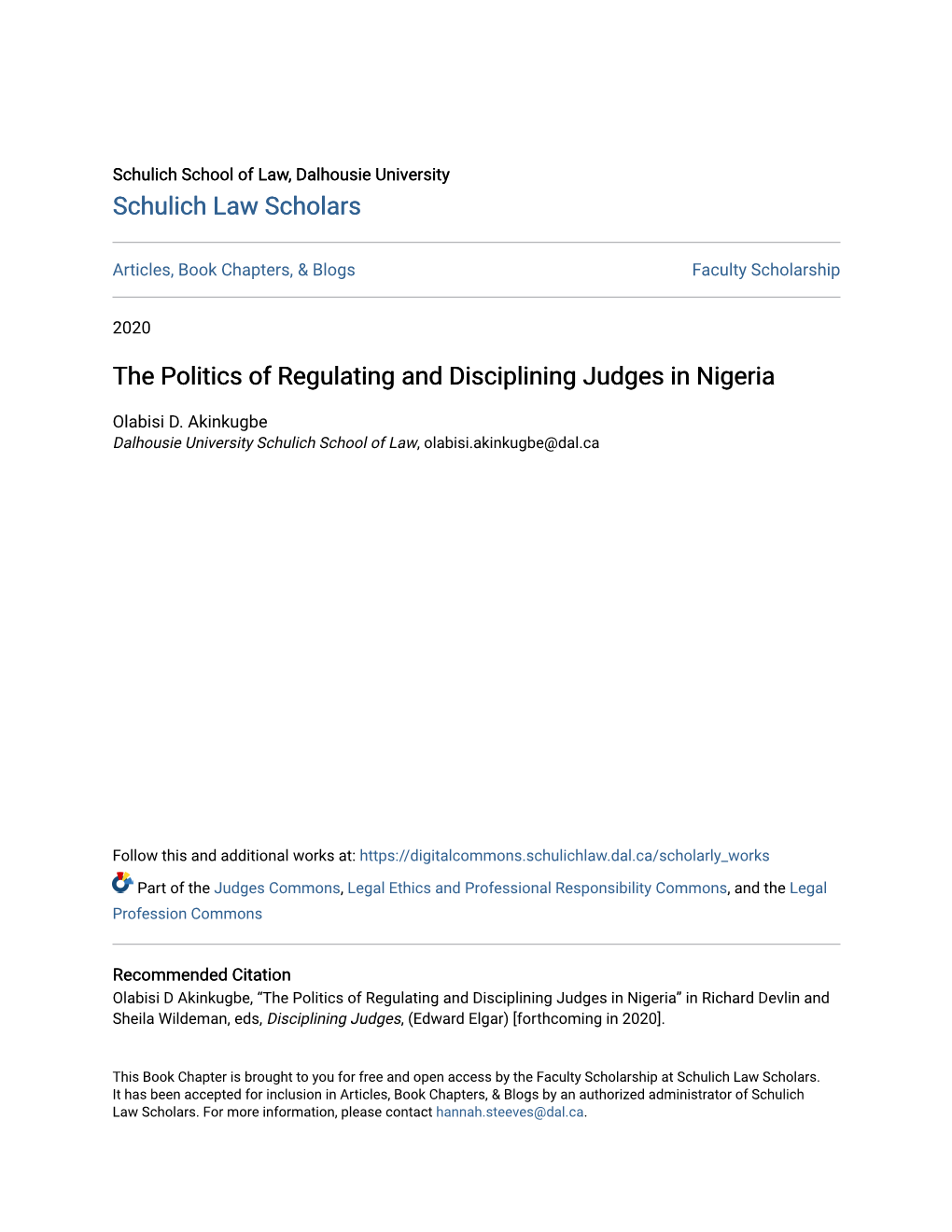 The Politics of Regulating and Disciplining Judges in Nigeria
