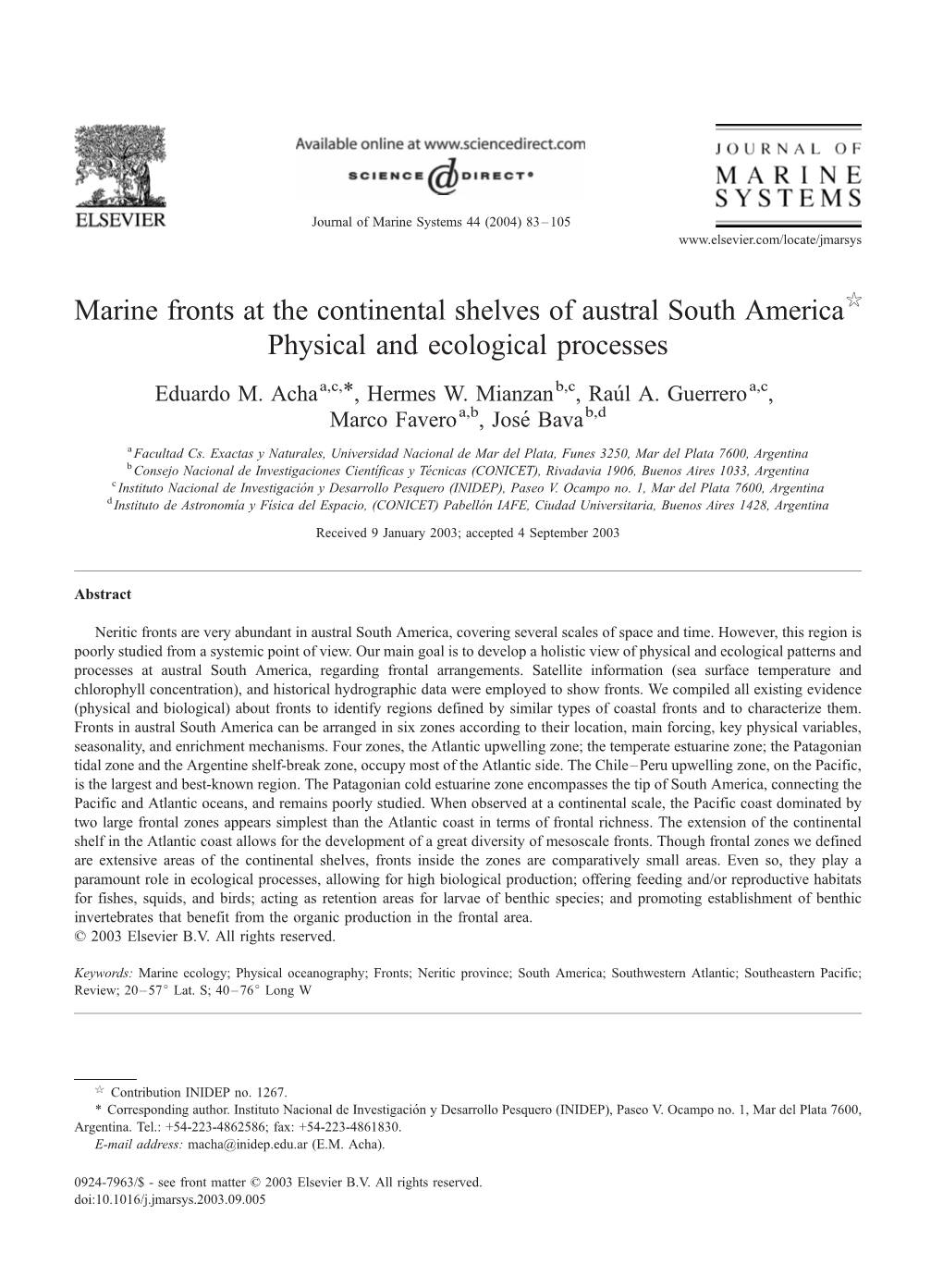 Marine Fronts at the Continental Shelves of Austral South America$ Physical and Ecological Processes