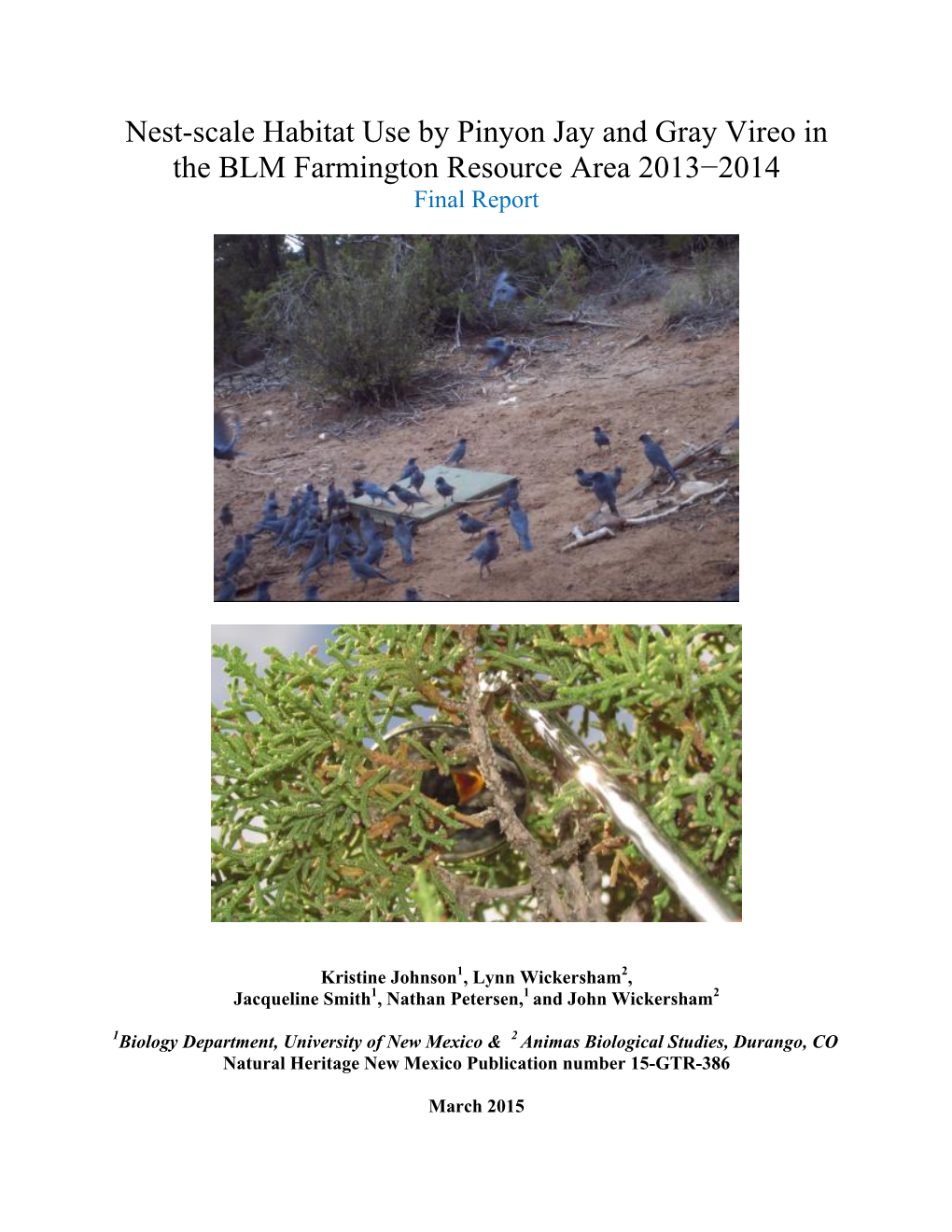 Nest-Scale Habitat Use by Pinyon Jay and Gray Vireo in the BLM Farmington Resource Area 2013−2014 Final Report