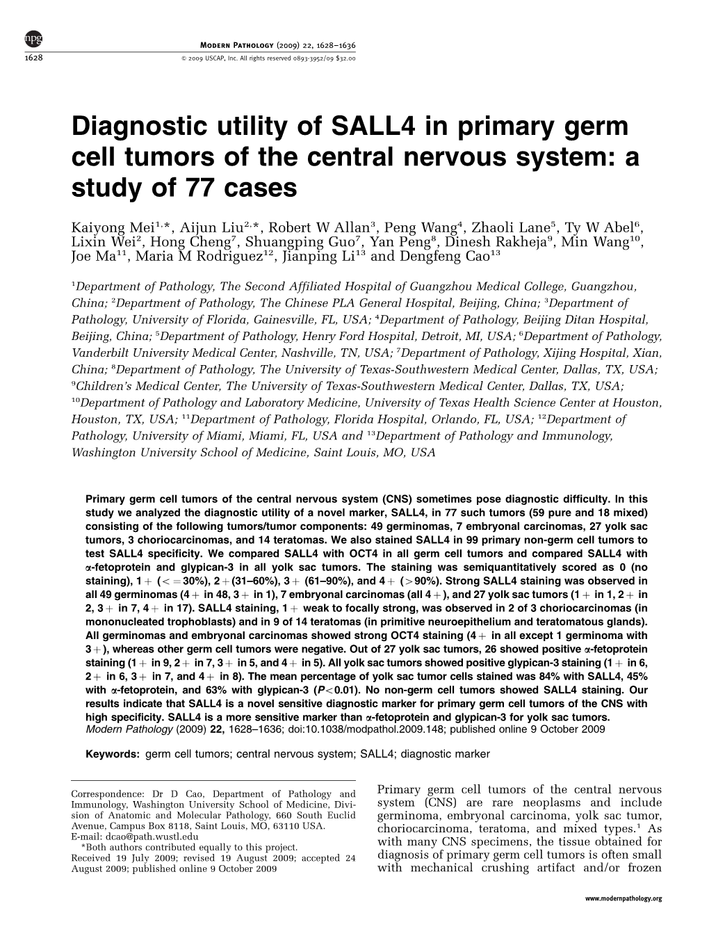 Diagnostic Utility of SALL4 in Primary Germ Cell Tumors of the Central Nervous System: a Study of 77 Cases