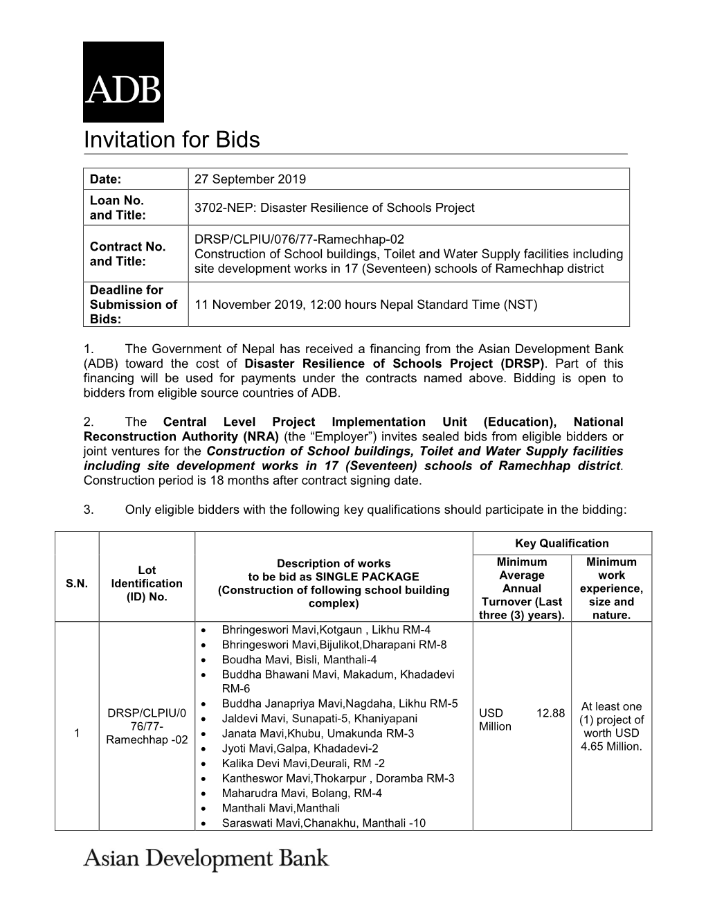 3702-NEP: Disaster Resilience of Schools Project and Title: DRSP/CLPIU/076/77-Ramechhap-02 Contract No