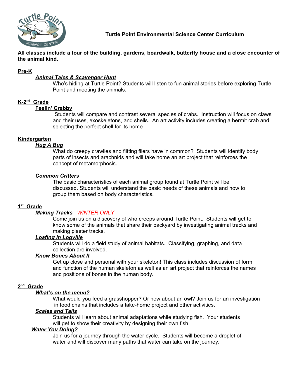 Turtle Point Environmental Science Center Curriculum