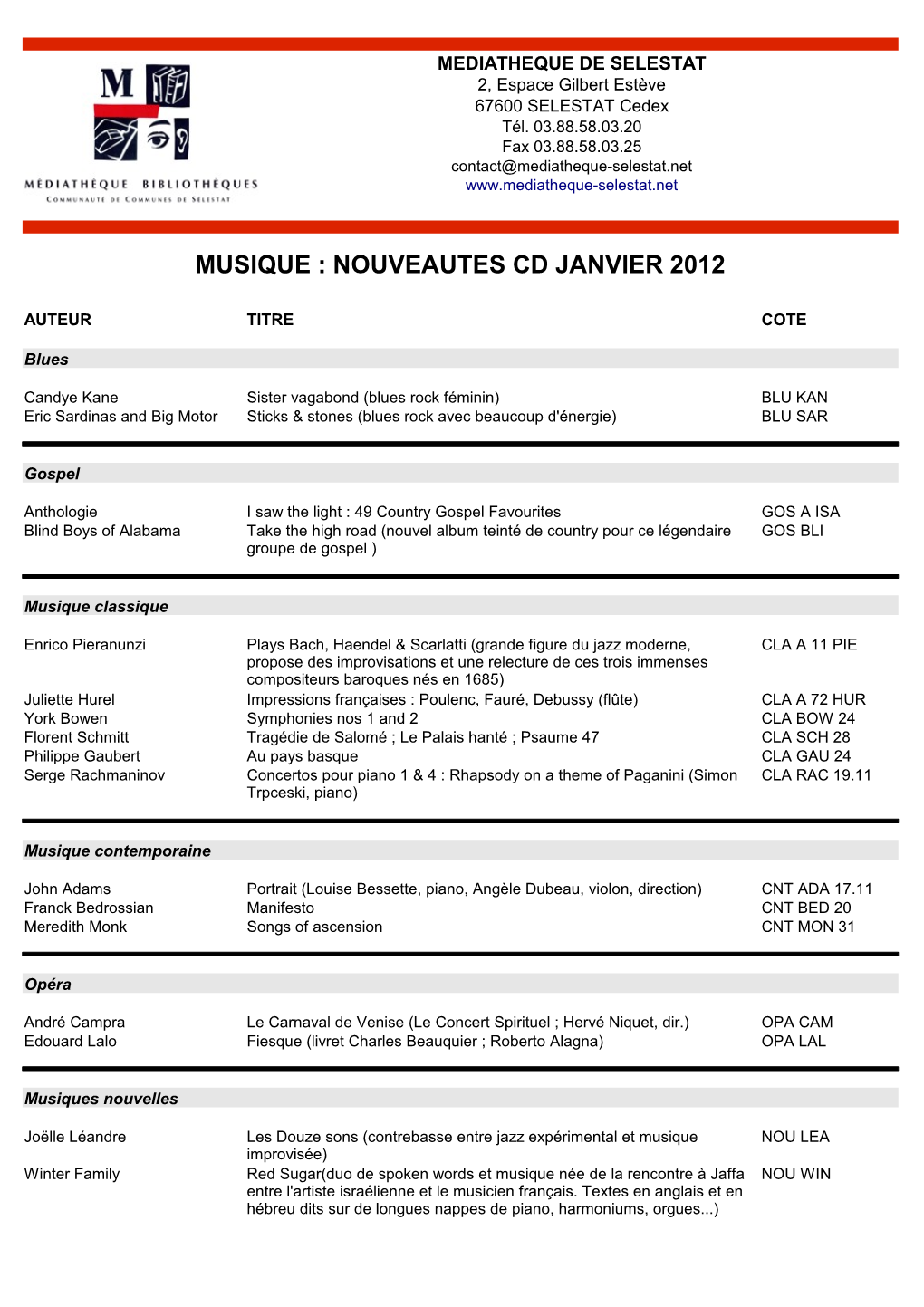 Musique : Nouveautes Cd Janvier 2012