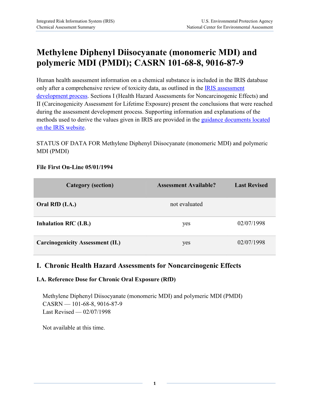 Methylene Diphenyl Diisocyanate (Monomeric MDI) and Polymeric MDI (PMDI); CASRN 101-68-8, 9016-87-9