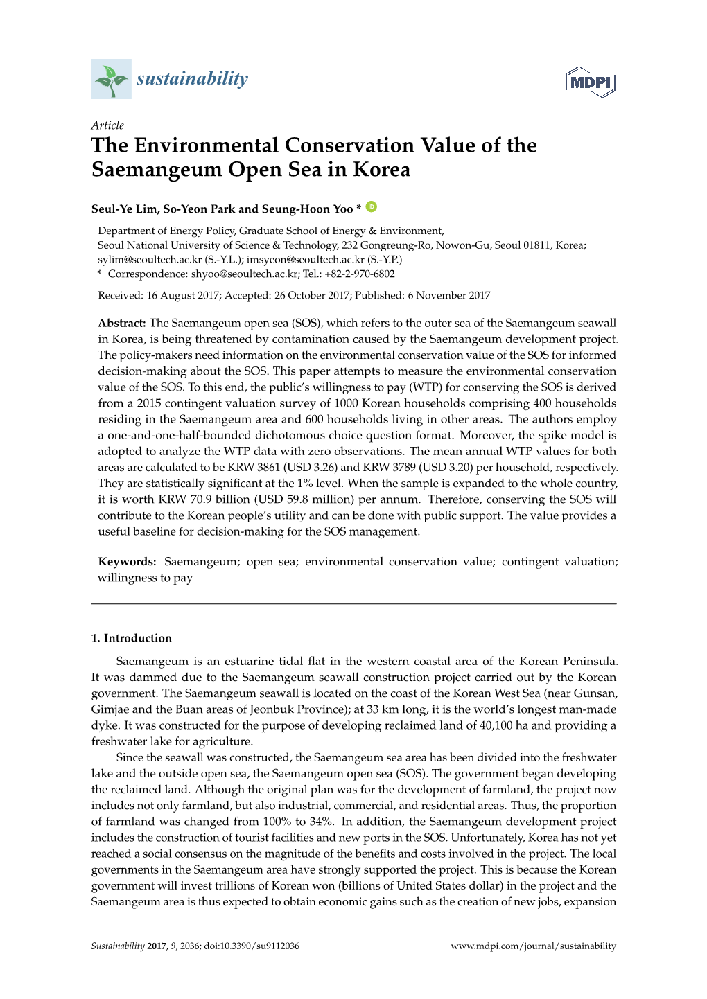 The Environmental Conservation Value of the Saemangeum Open Sea in Korea