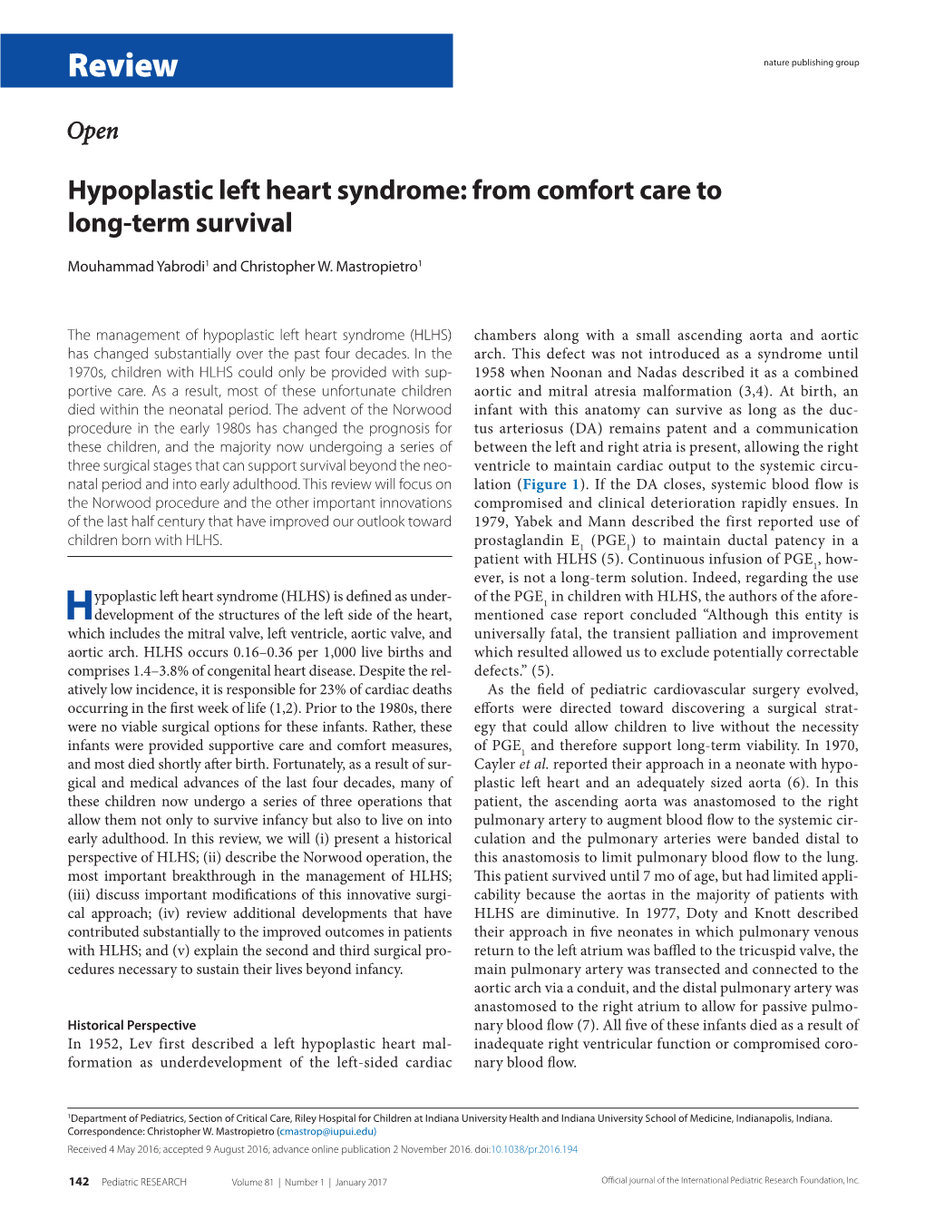 Hypoplastic Left Heart Syndrome: from Comfort Care to Long-Term Survival