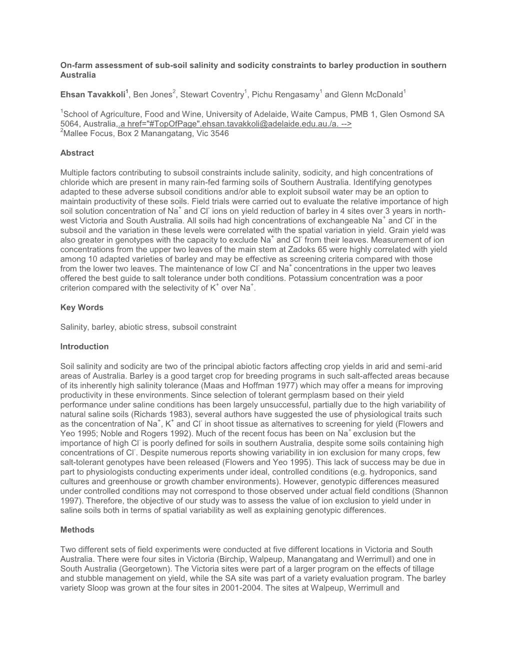 On-Farm Assessment of Sub-Soil Salinity and Sodicity Constraints to Barley Production in Southern Australia