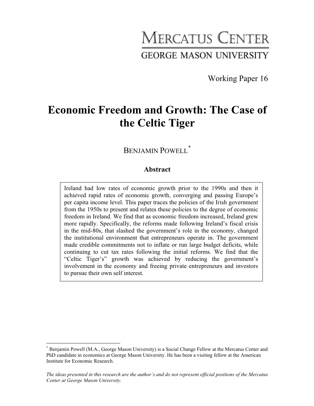 Economic Freedom and Growth: the Case of the Celtic Tiger