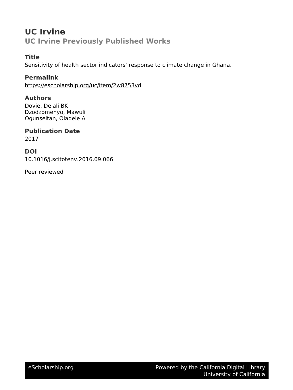 Sensitivity of Health Sector Indicators' Response to Climate Change in Ghana