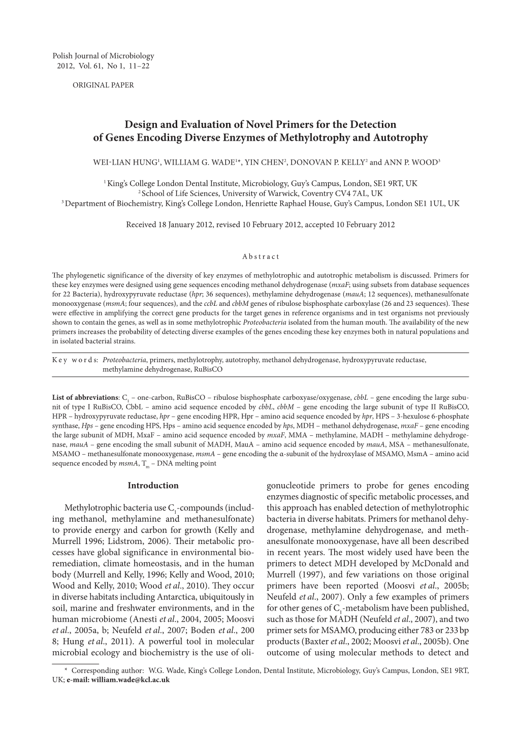 Design and Evaluation of Novel Primers for the Detection of Genes Encoding Diverse Enzymes of Methylotrophy and Autotrophy