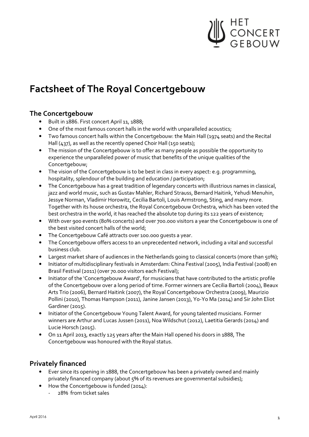 Factsheet of the Royal Concertgebouw