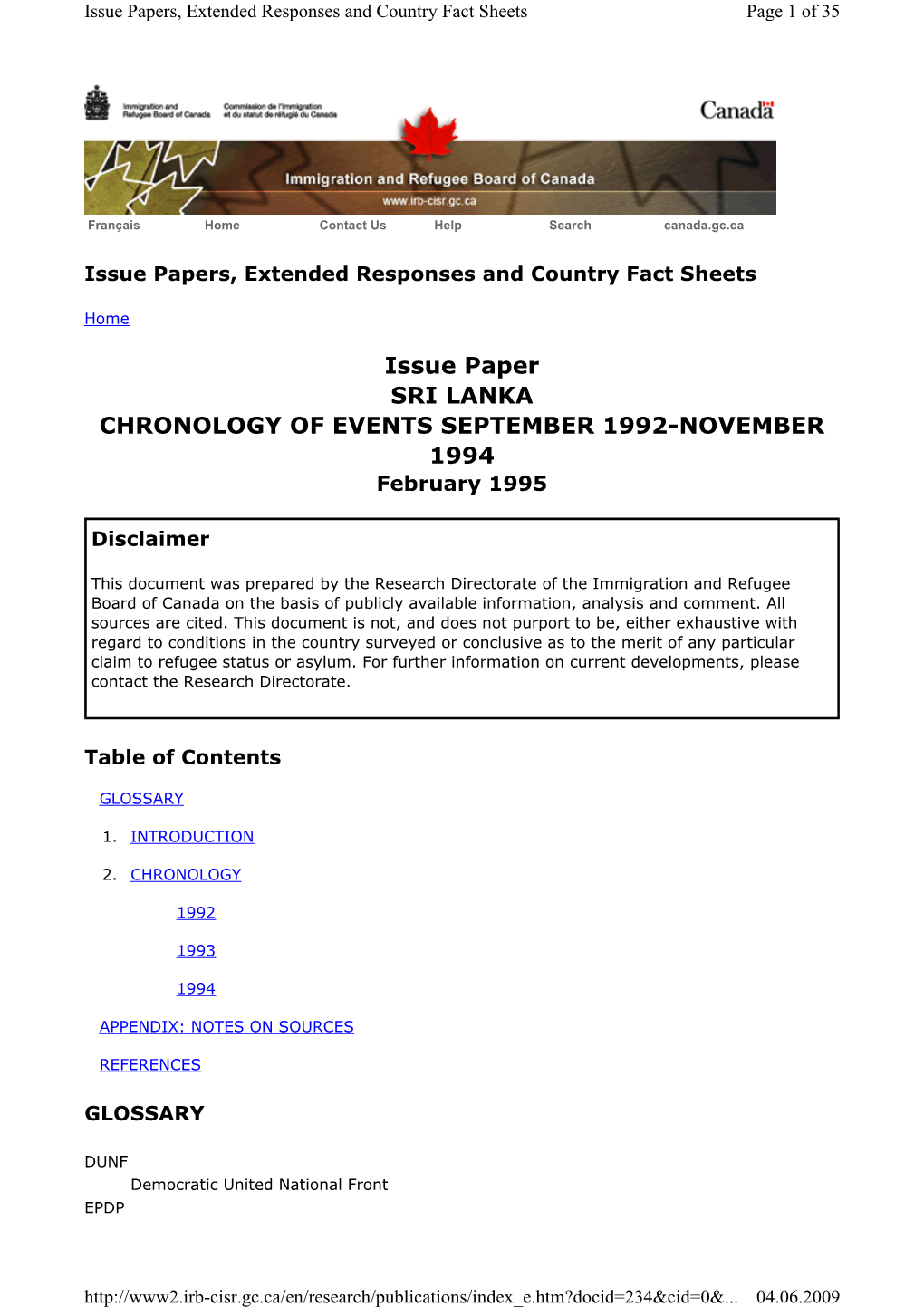 Issue Paper SRI LANKA CHRONOLOGY of EVENTS SEPTEMBER 1992-NOVEMBER 1994 February 1995