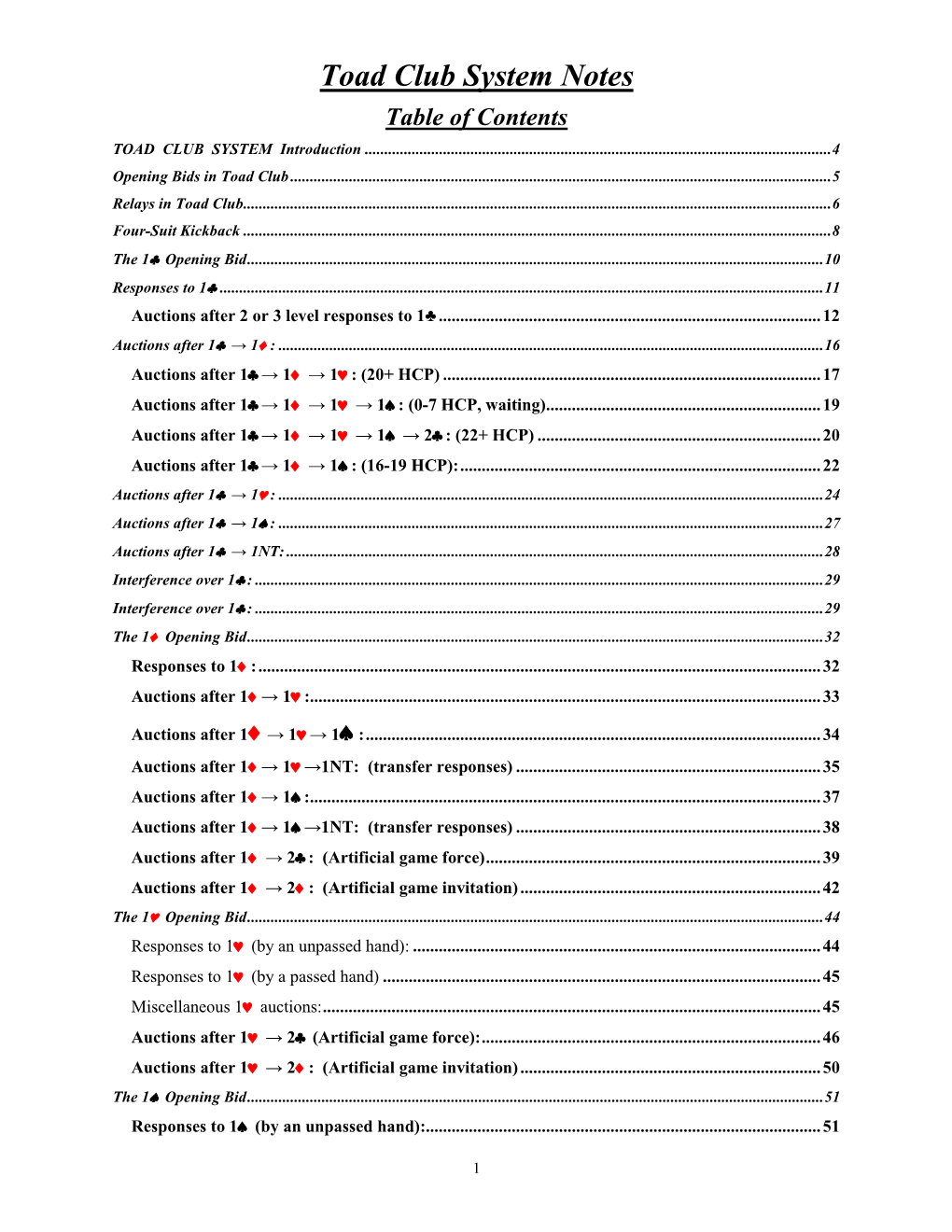 Toad Club System Notes Table of Contents TOAD CLUB SYSTEM Introduction