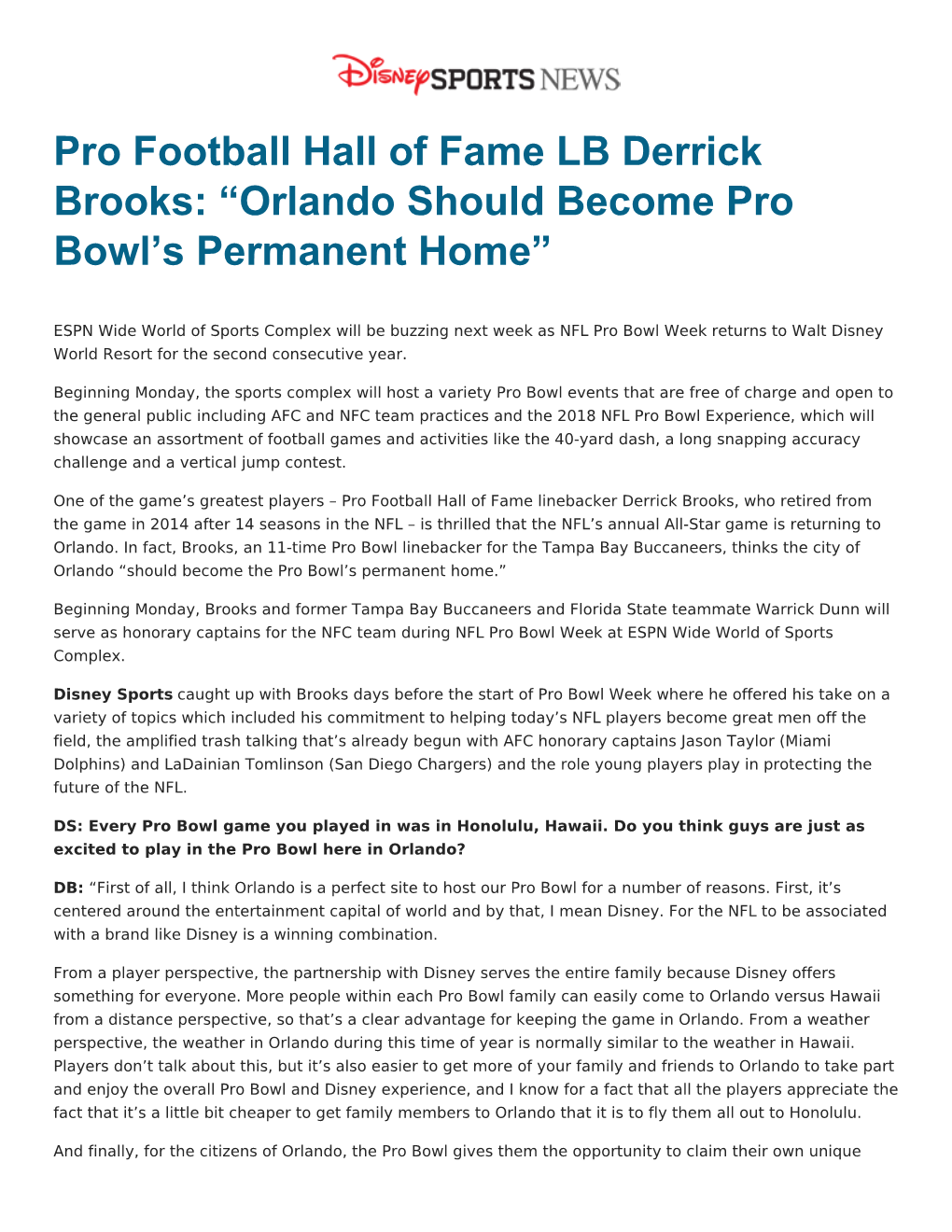 Pro Football Hall of Fame LB Derrick Brooks: “Orlando Should Become Pro Bowl’S Permanent Home”