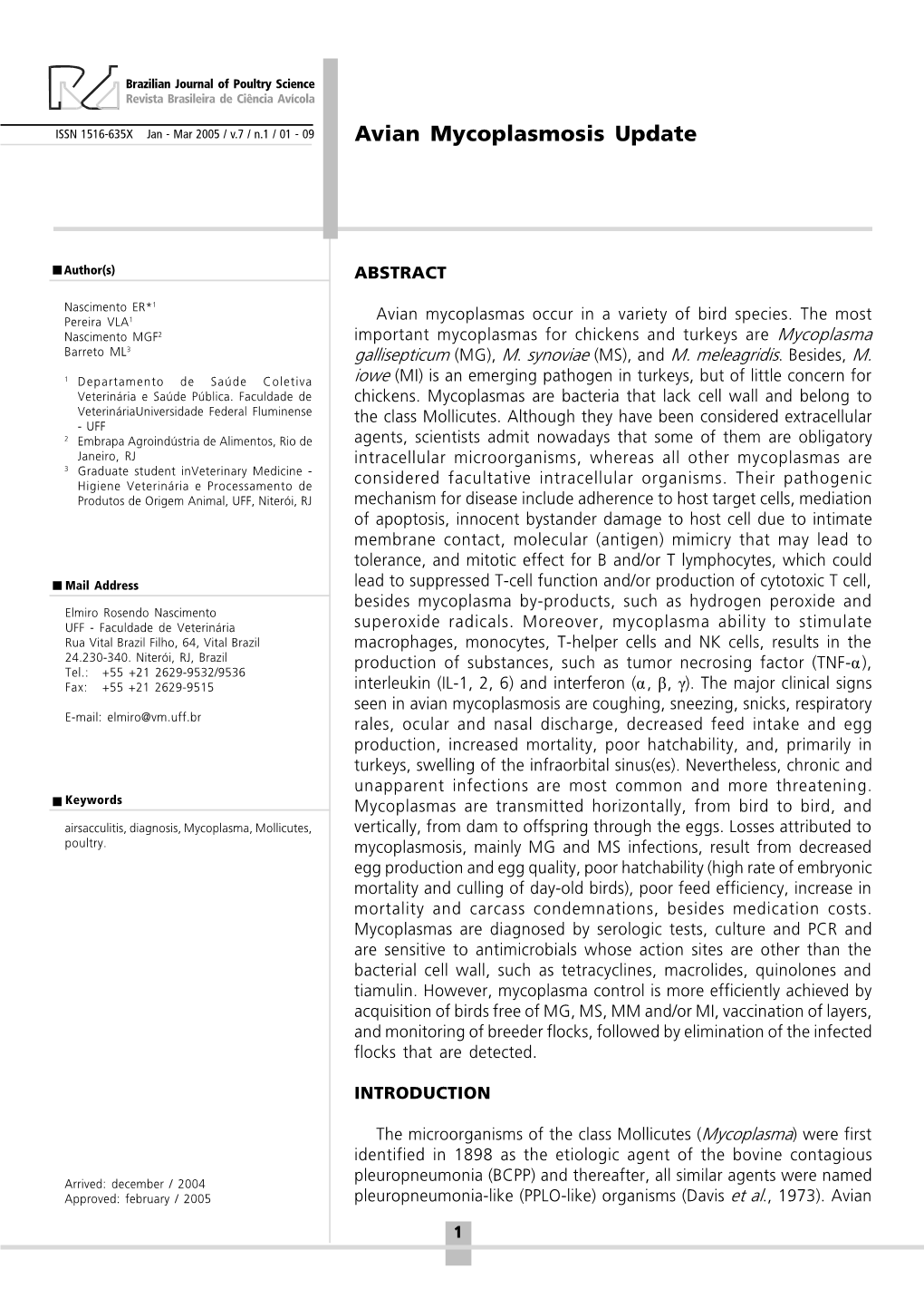 Avian Mycoplasmosis Update