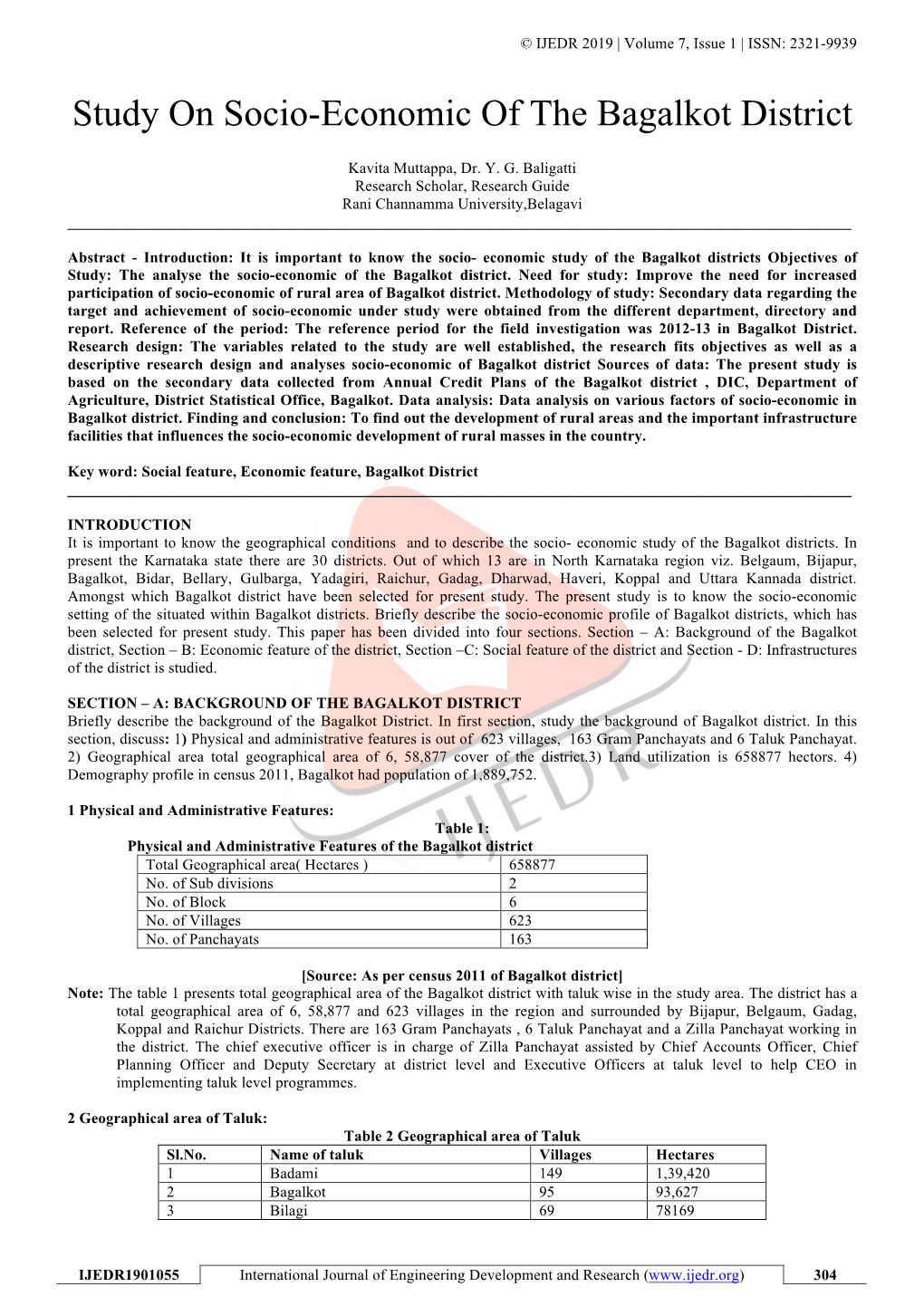 Study on Socio-Economic of the Bagalkot District