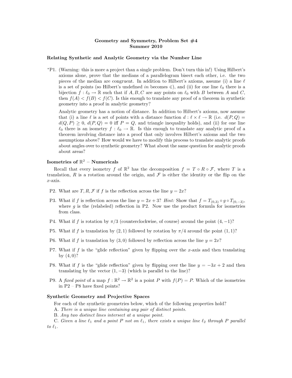 Geometry and Symmetry, Problem Set #4 Summer 2010 Relating