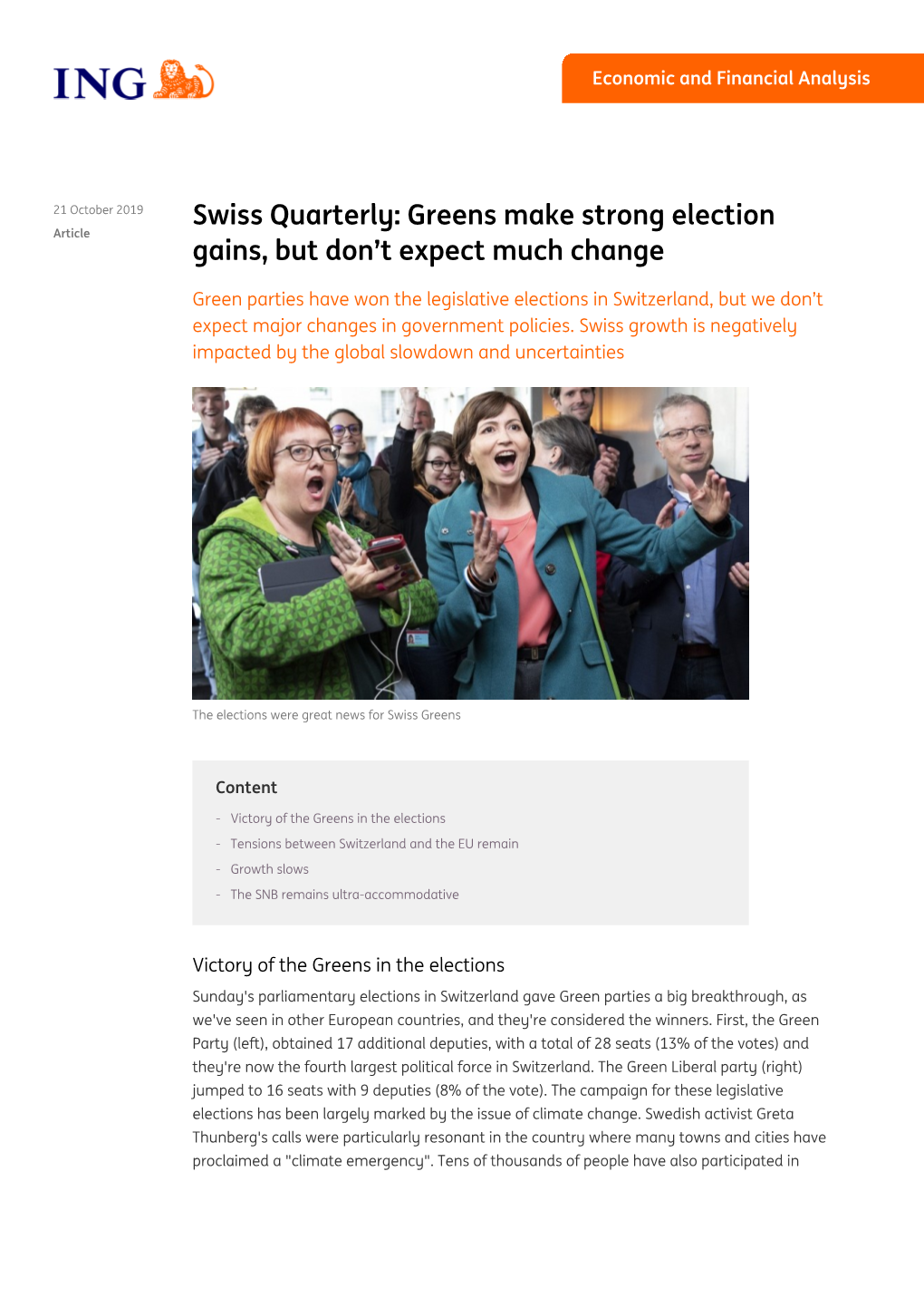 Swiss Quarterly: Greens Make Strong Election Article Gains, but Don’T Expect Much Change