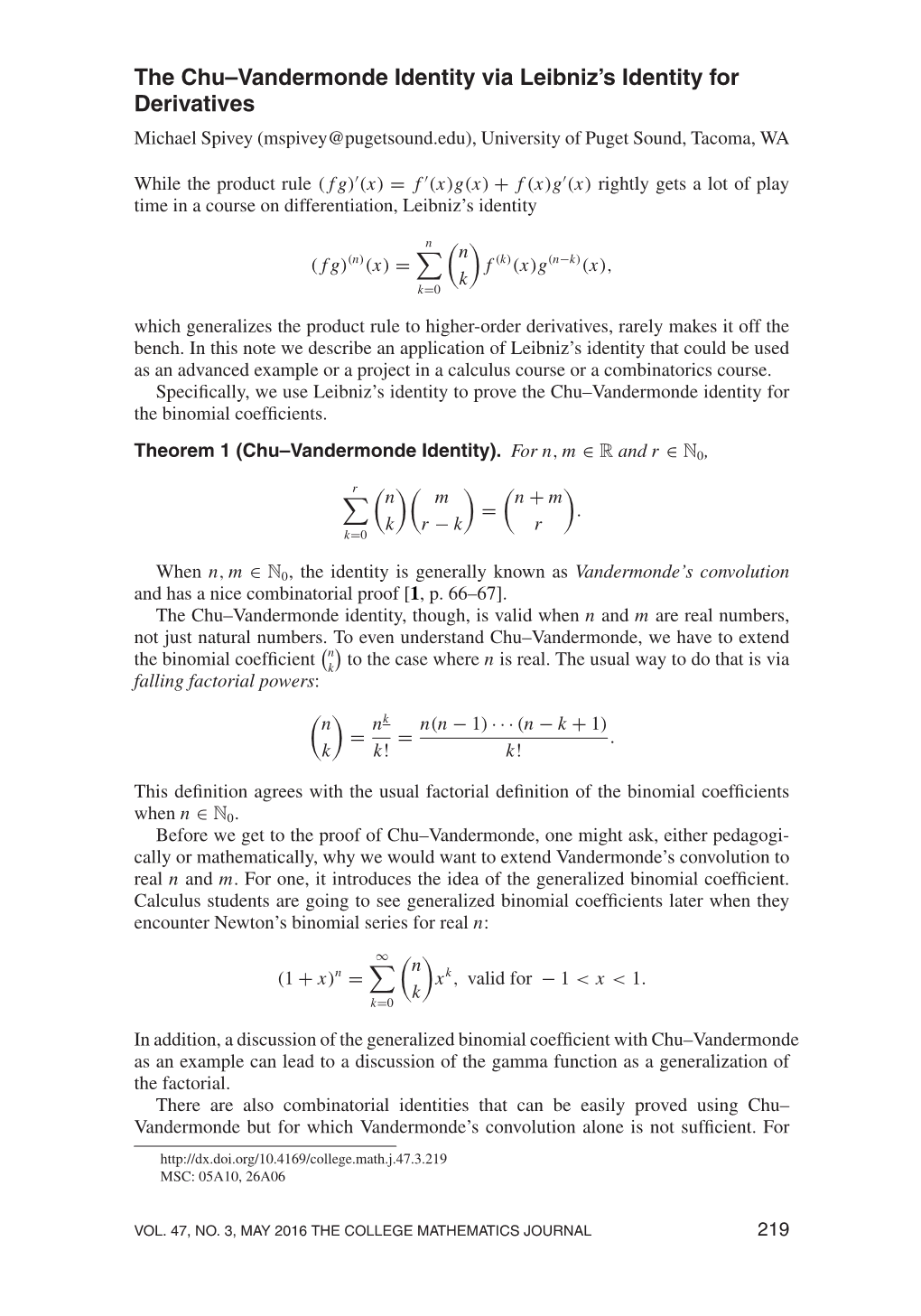 The Chu–Vandermonde Identity Via Leibniz's Identity for Derivatives