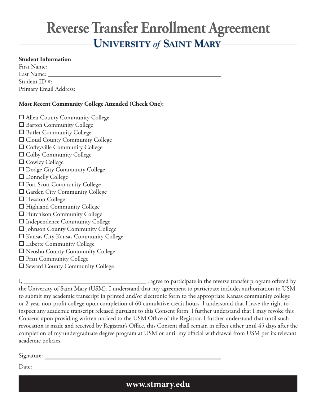 Reverse Transfer Enrollment Agreement