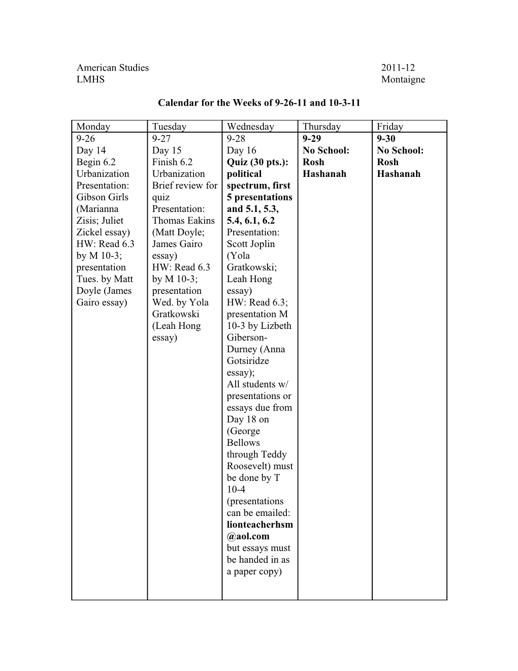 Calendar for the Weeks of 9-26-11 and 10-3-11