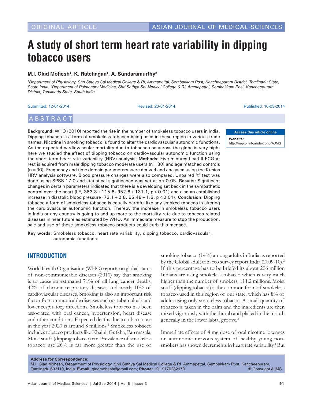 A Study of Short Term Heart Rate Variability in Dipping Tobacco Users