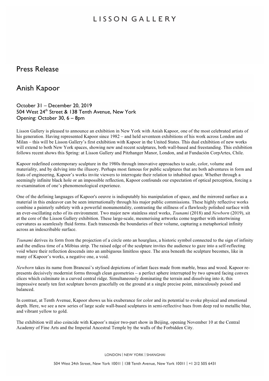 Press Release Anish Kapoor