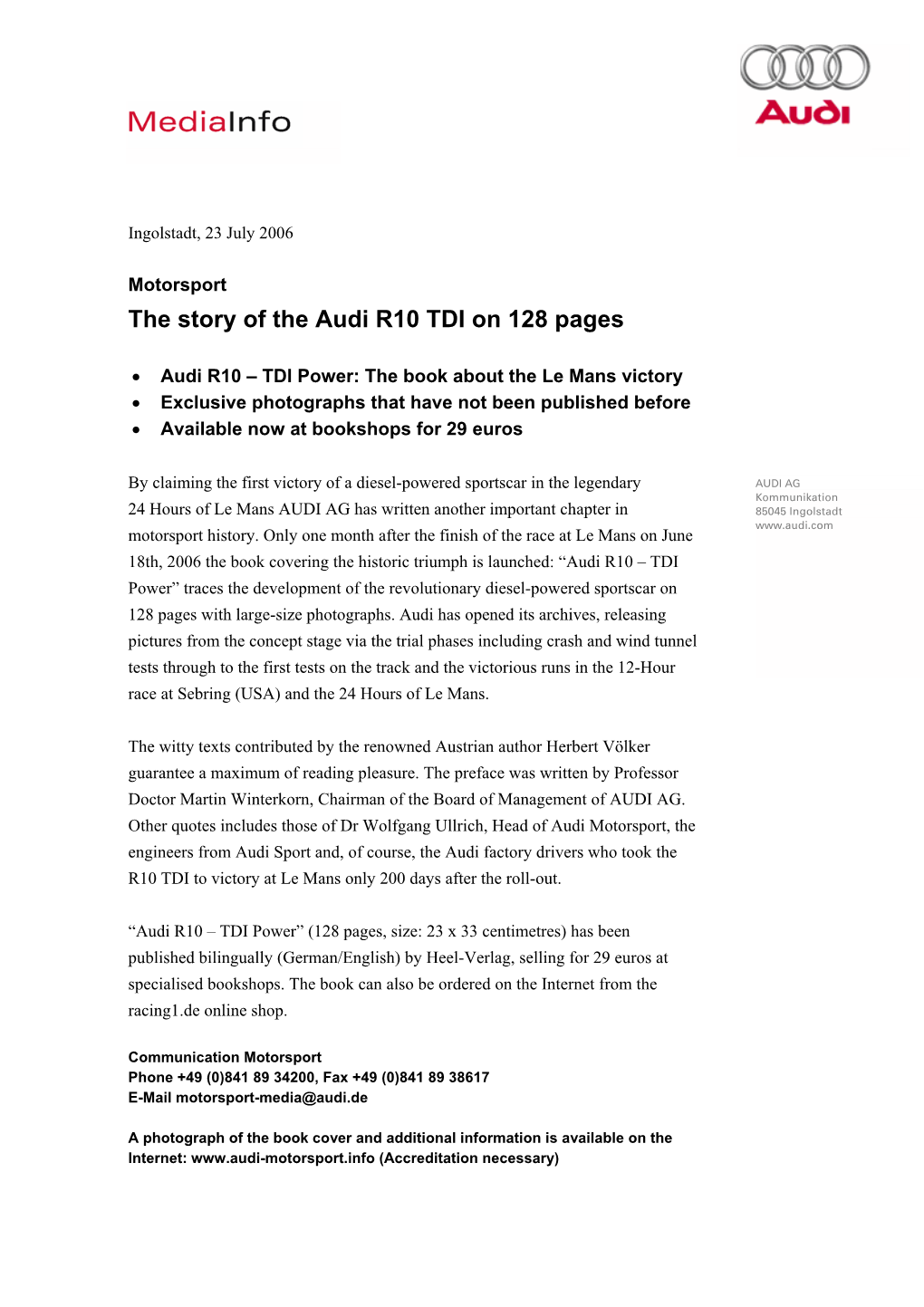 The Story of the Audi R10 TDI on 128 Pages