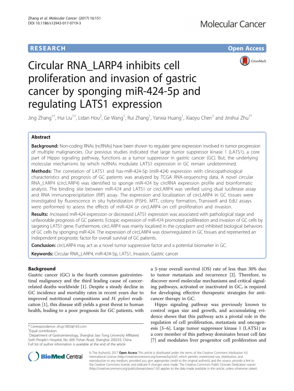 Circular RNA LARP4 Inhibits Cell Proliferation and Invasion of Gastric