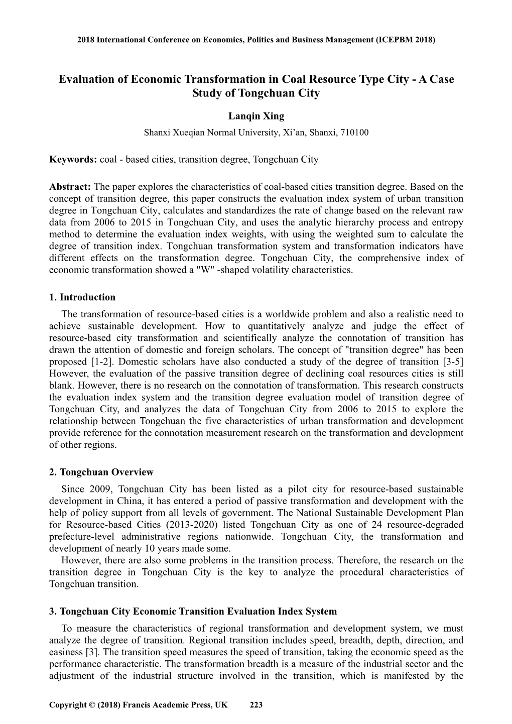 Evaluation of Economic Transformation in Coal Resource Type City - a Case Study of Tongchuan City