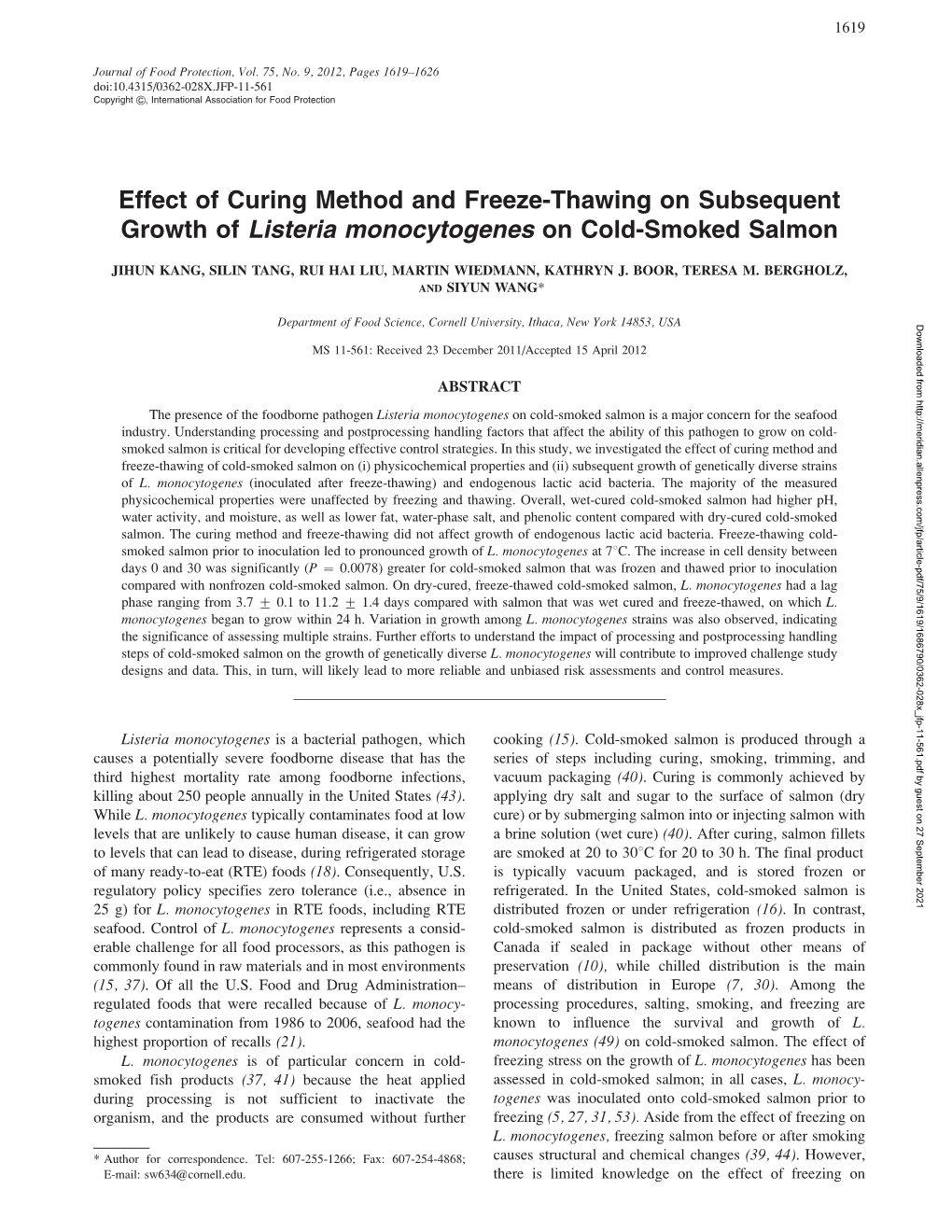 Effect of Curing Method and Freeze-Thawing on Subsequent Growth of Listeria Monocytogenes on Cold-Smoked Salmon