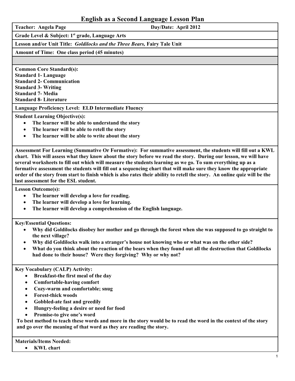 English As a Second Language Lesson Plan s1