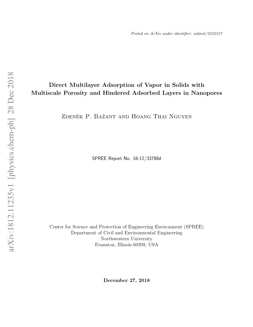 Direct Multilayer Adsorption of Vapor in Solids with Multiscale Porosity and Hindered Adsorbed Layers in Nanopores