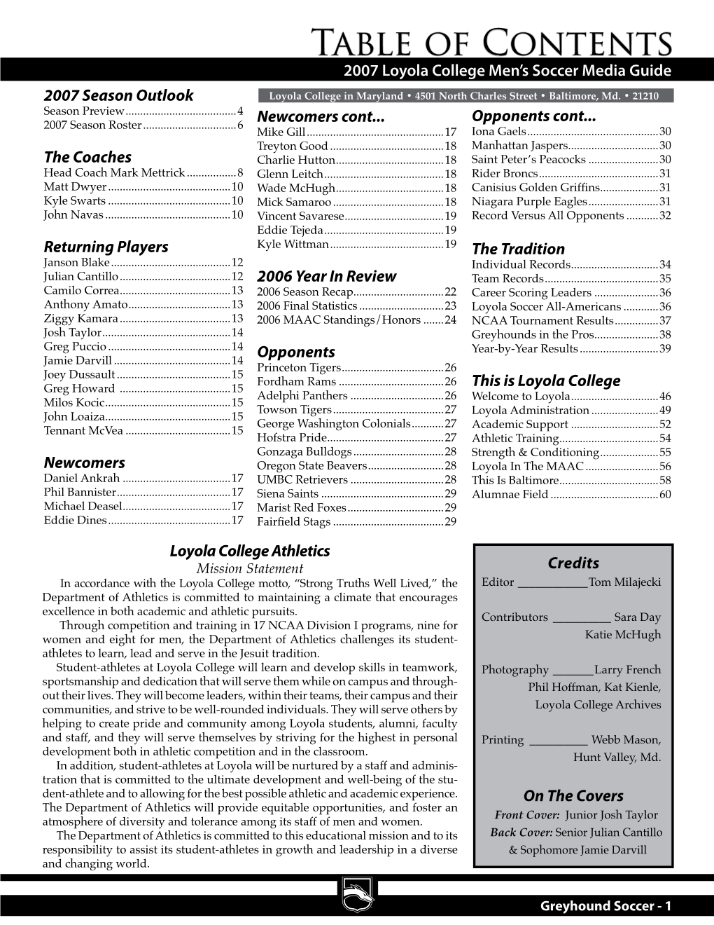 Table of Contents 2007 Loyola College Men’S Soccer Media Guide