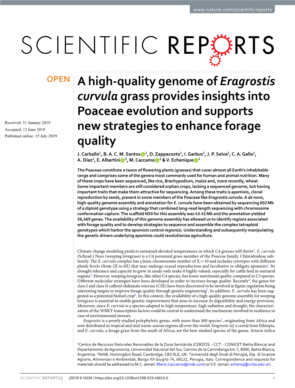 A High-Quality Genome of Eragrostis Curvula Grass Provides Insights Into Poaceae Evolution and Supports New Strategies to Enhanc