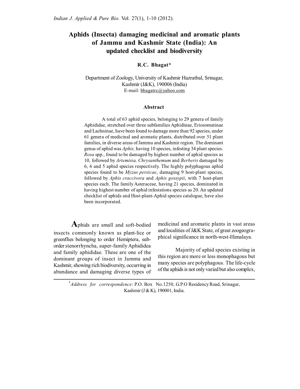 Aphids (Insecta) Damaging Medicinal and Aromatic Plants of Jammu and Kashmir State (India): an Updated Checklist and Biodiversity