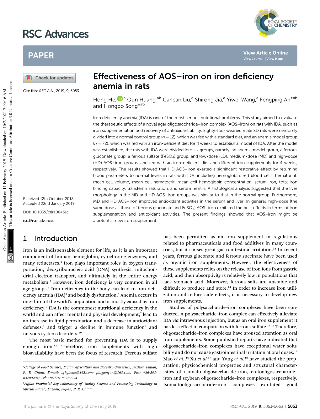 Effectiveness of AOS–Iron on Iron Deficiency Anemia in Rats