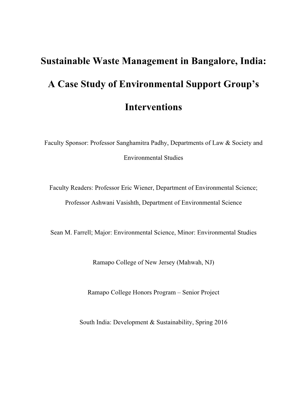 Sustainable Waste Management in Bangalore, India: a Case Study Of