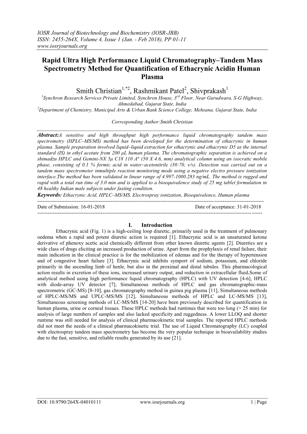 Rapid Ultra High Performance Liquid Chromatography–Tandem Mass Spectrometry Method for Quantification of Ethacrynic Acidin Human Plasma