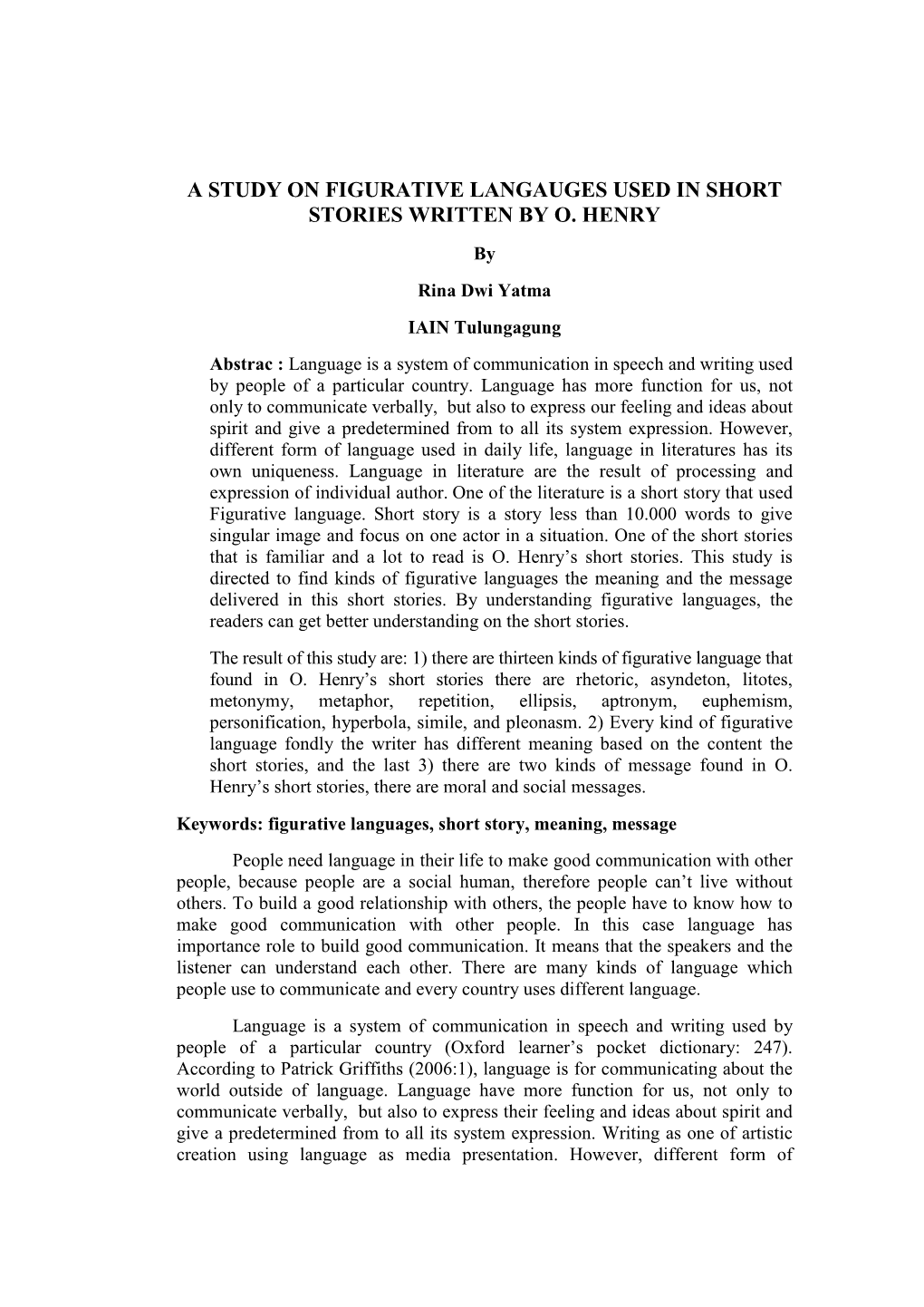 A Study on Figurative Langauges Used in Short Stories Written by O. Henry