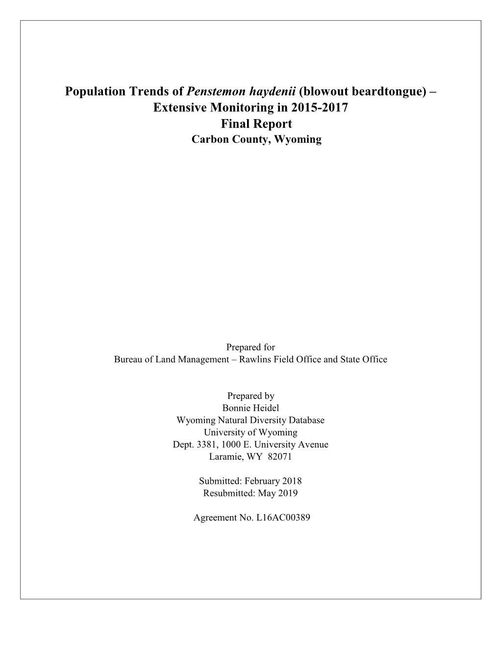 Population Trends of Penstemon Haydenii (Blowout Beardtongue) – Extensive Monitoring in 2015-2017 Final Report Carbon County, Wyoming