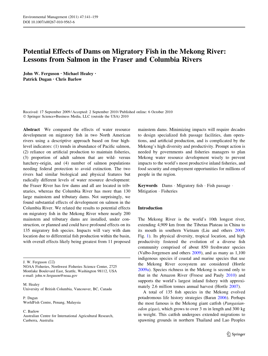 Potential Effects of Dams on Migratory Fish in the Mekong River: Lessons from Salmon in the Fraser and Columbia Rivers