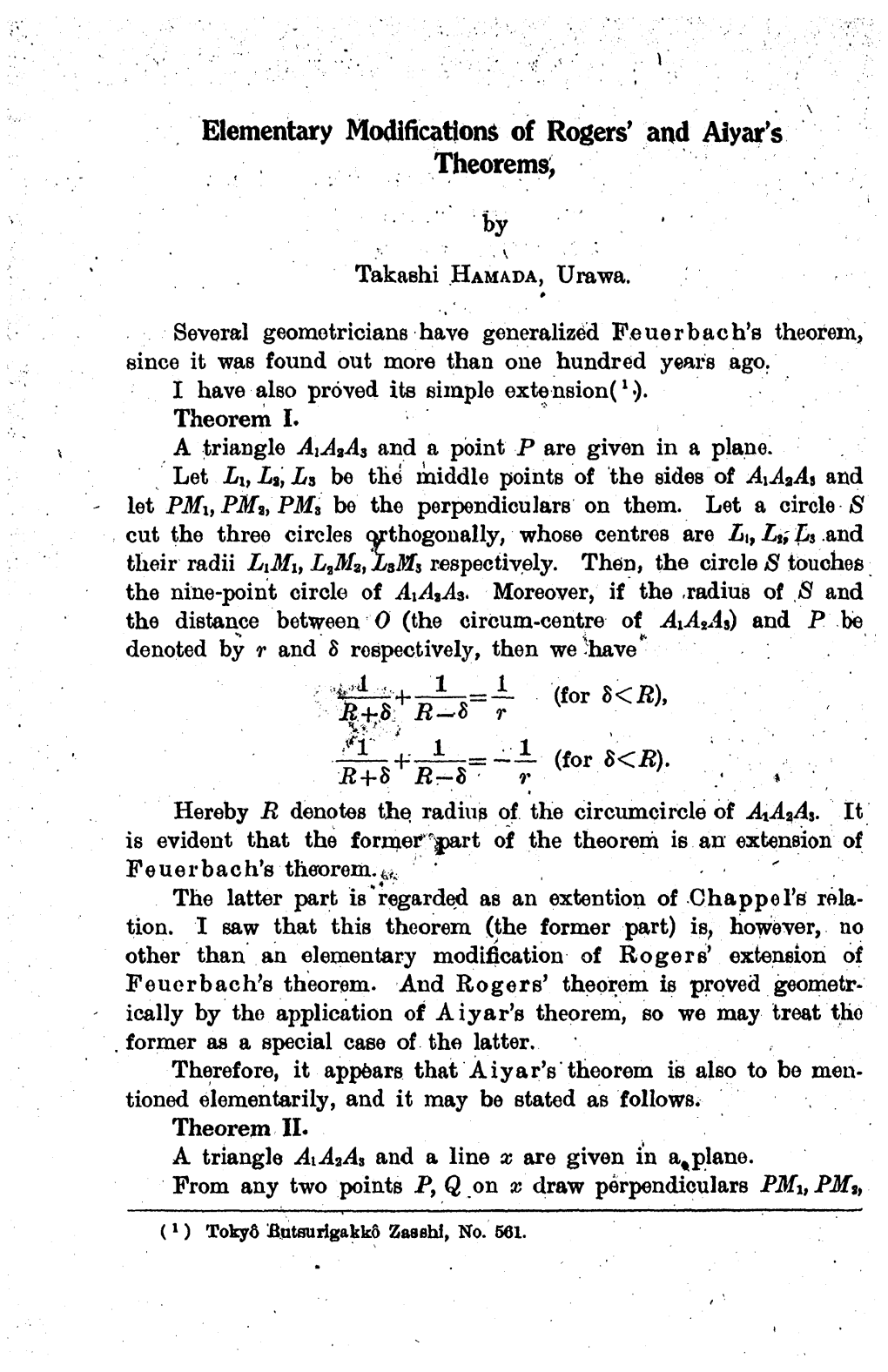 Therefore, It Appears That Aiyars Theorem Is Also to Be Men- Tioned Elementarily, and It May Be Stated As Follows