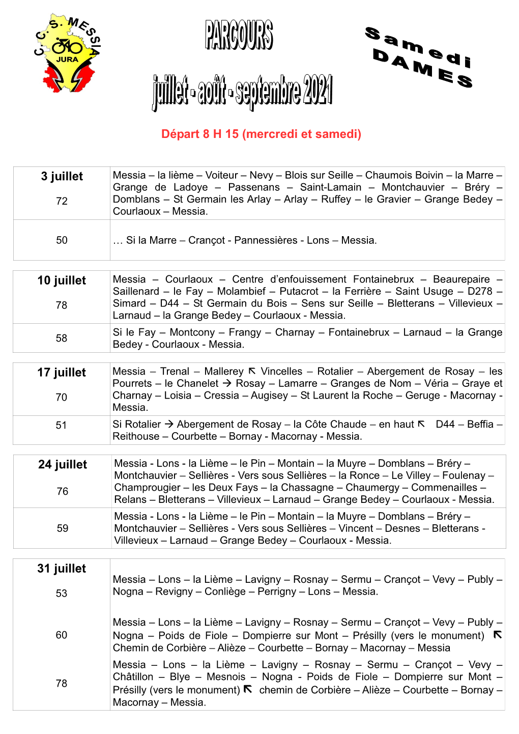 Mise En Ligne Des Parcours Dames De Juillet-Août Septembre 2021