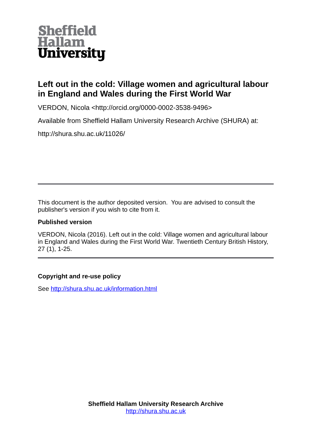 Left out in the Cold: Village Women and Agricultural Labour in England