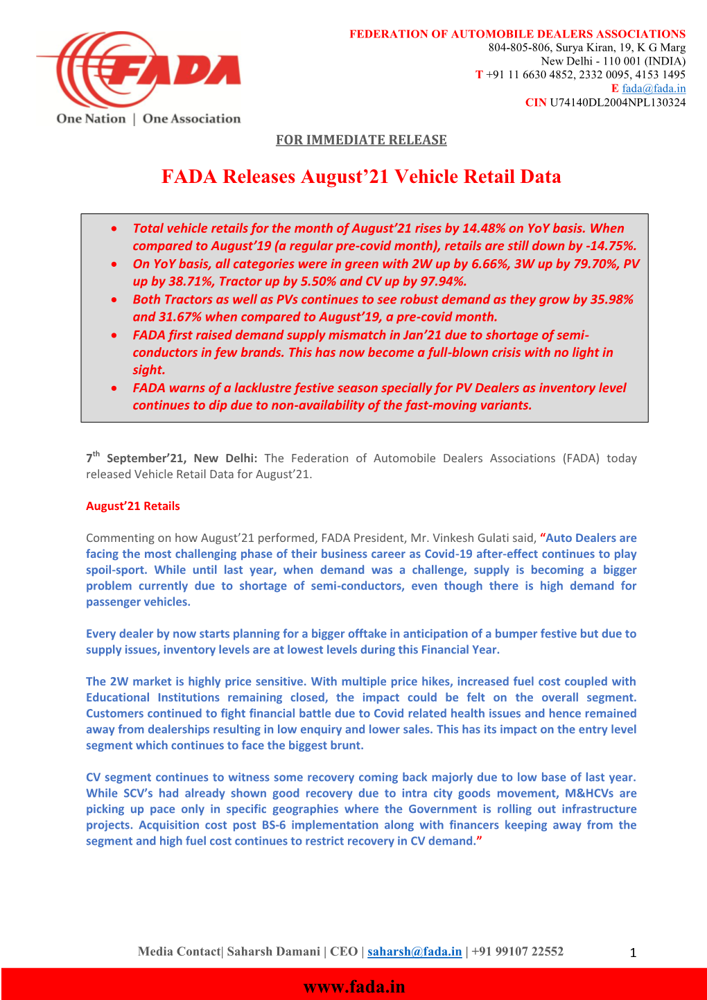 FADA Releases August'21 Vehicle Retail Data